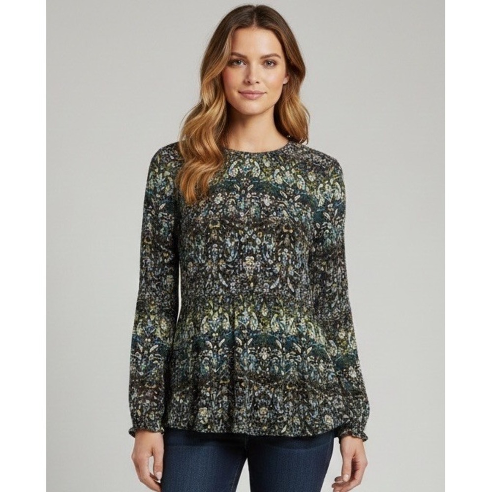 J.Jill Floral Smocked Long Sleeve Blouse Peplum Top Large Blue Green